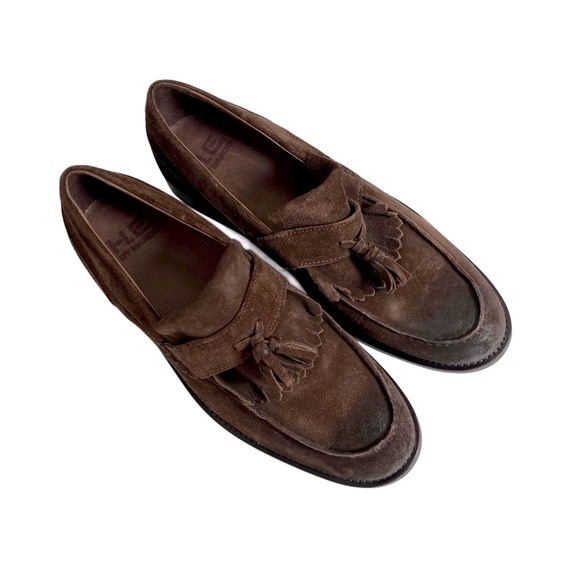 H. E. By Mango Genuine Leather Suede Elegant Brown Slip-On Loafers Tassel 10.5 - Picture 1 of 9